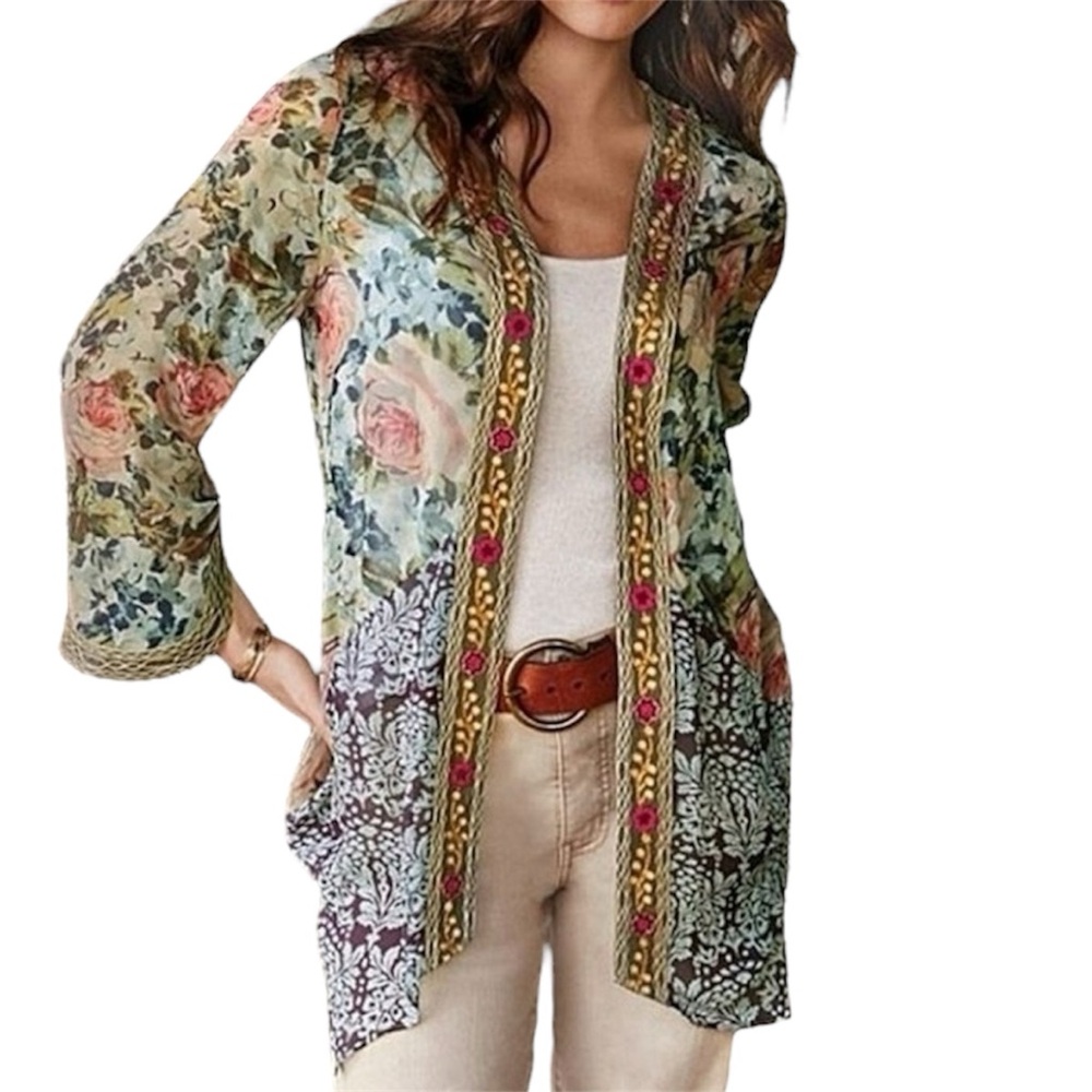 Soft Surroundings Floral‎ Embroidered Kimono Sz M